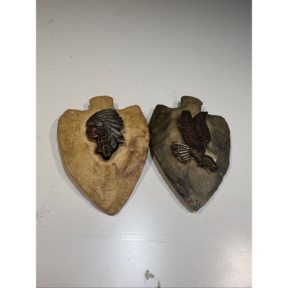 Pair Vintage Chalkware Arrowhead Wall Plaques Eagle Native American Decor